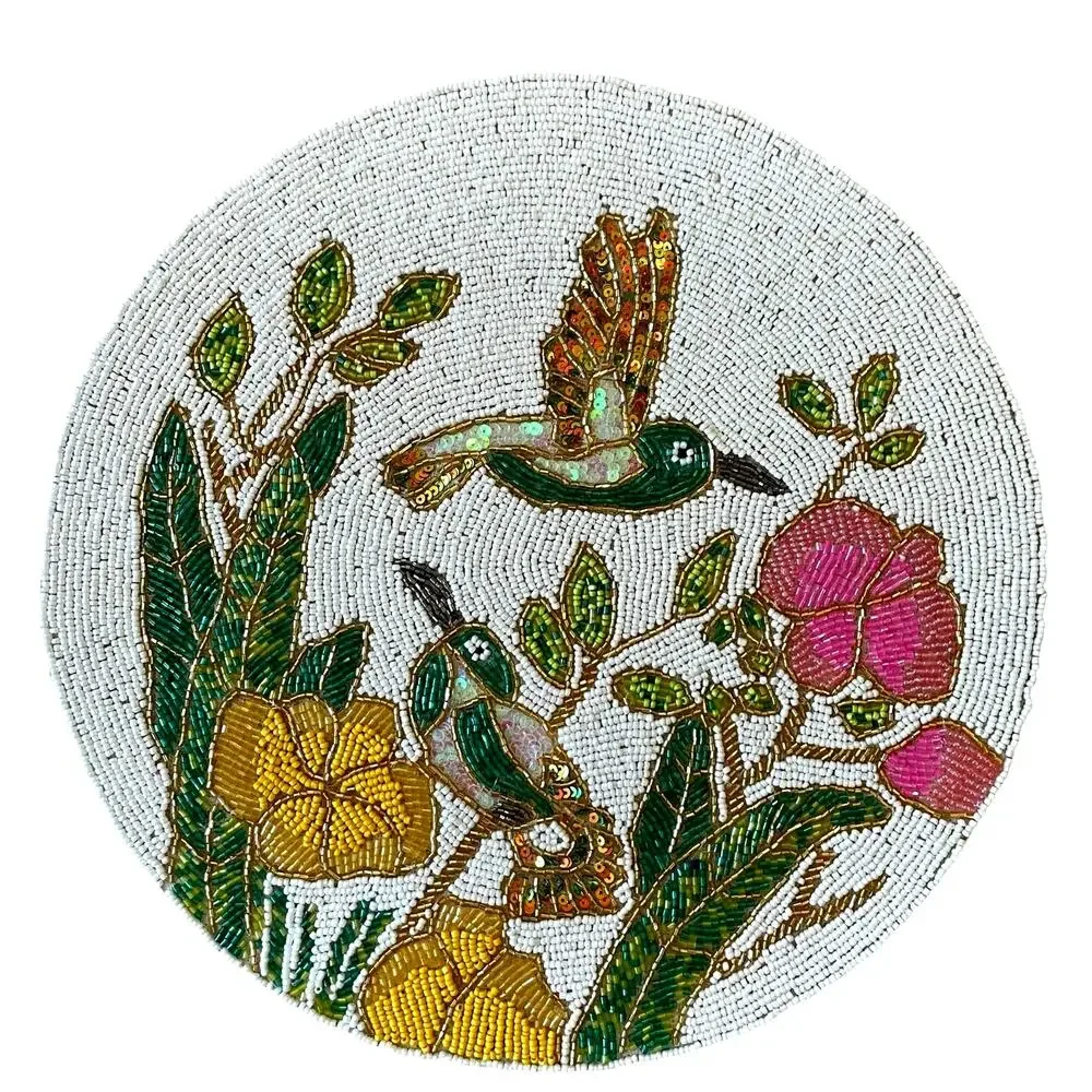 Nicole Miller Glass Beaded Placemat Charger 15in Colorful Bird & Floral NEW